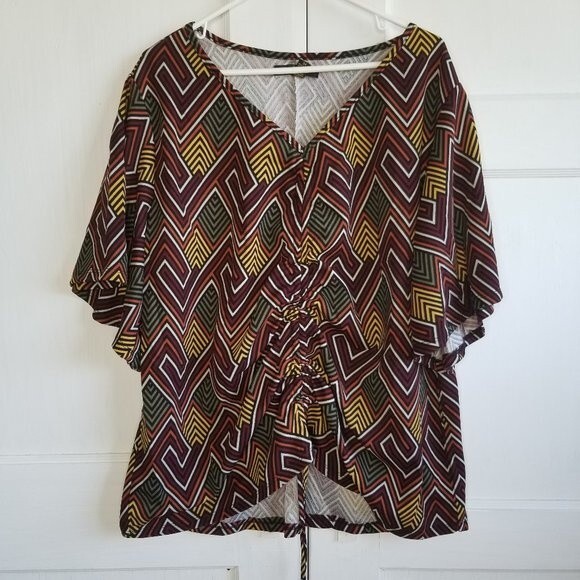 Goddess Blouse Women's 3X Yellow Green Geometric Drawstring Front - Picture 1 of 8